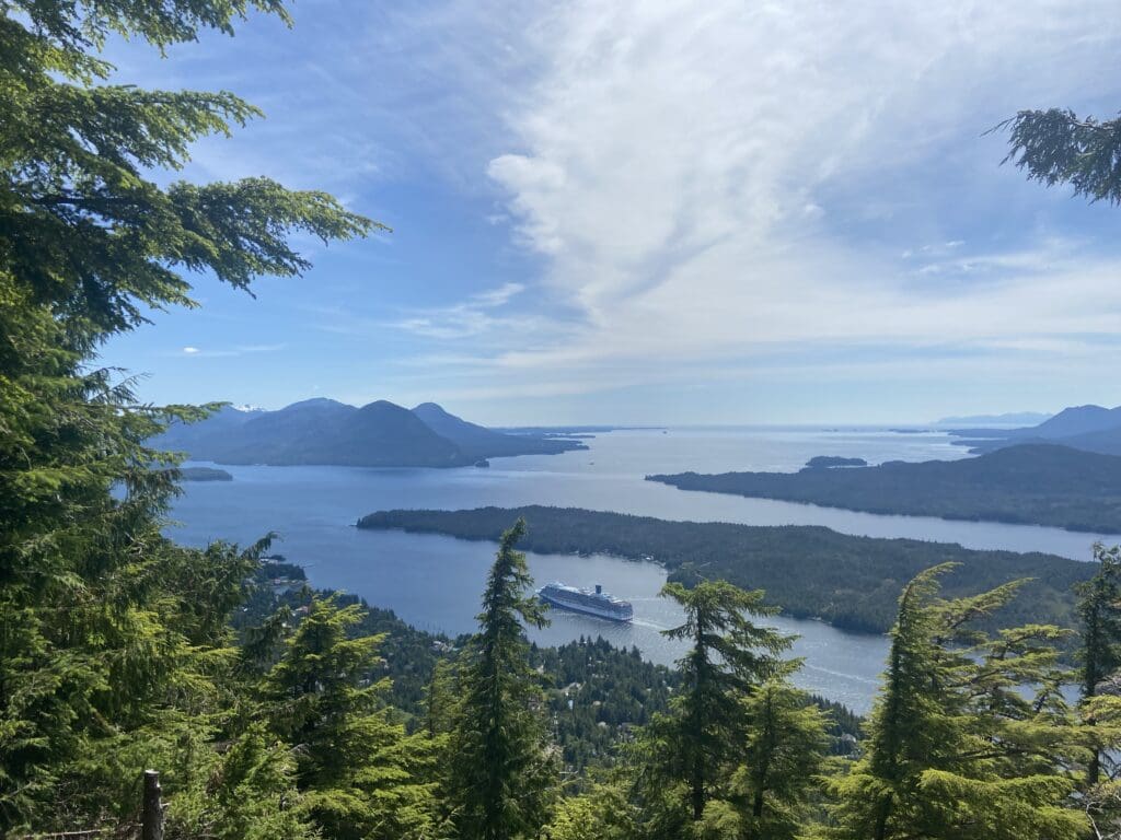 View from Deer Mountain First Overlook A cruise ship in the Tongass Narrows and view of surrounding islands from Deer Mountain