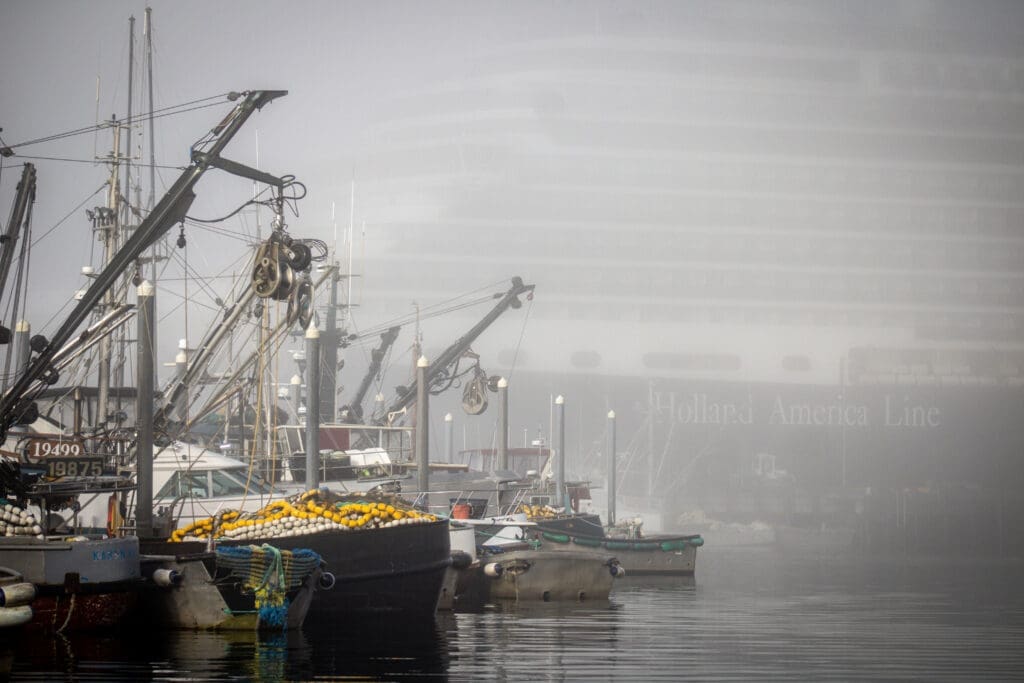 Fishing boats in Thomas Basin Boat Harbor on a foggy day